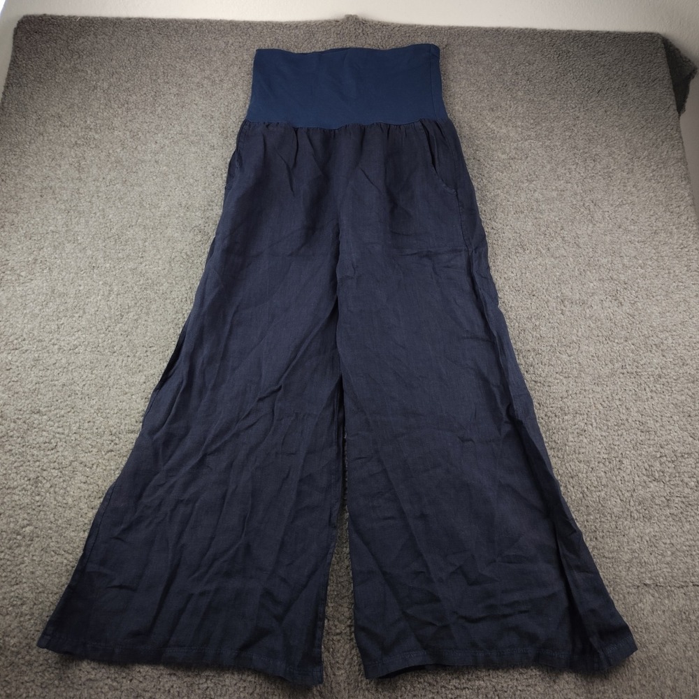 Milio Milano Linen Pants Womens M Wide Leg Navy Blue High Waist Maternity